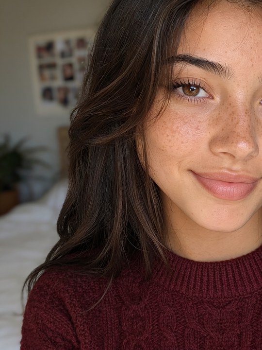 Faye close-up in a burgundy cardigan